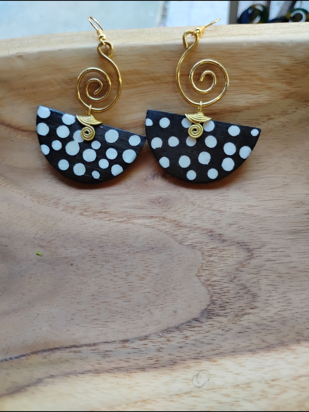 Black & White Polka Dot Half-Moon Earrings w/Brass  Spiral Wire
